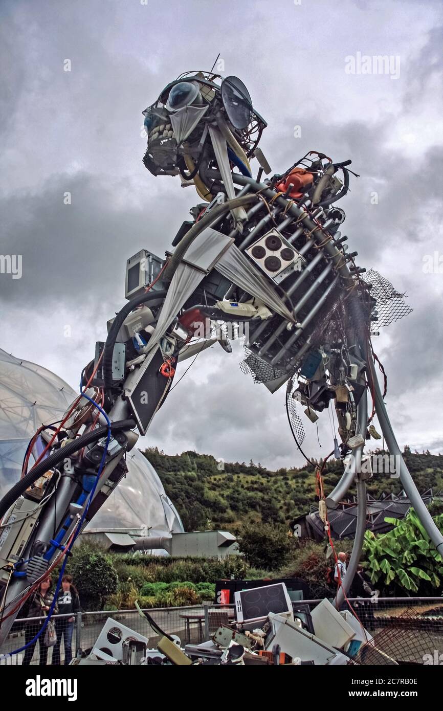 WEEE waste man, a constructed sculpture by Paul Bonomini in the temperate zone at the Eden Project in Cornwall. Environmental commentary Stock Photo