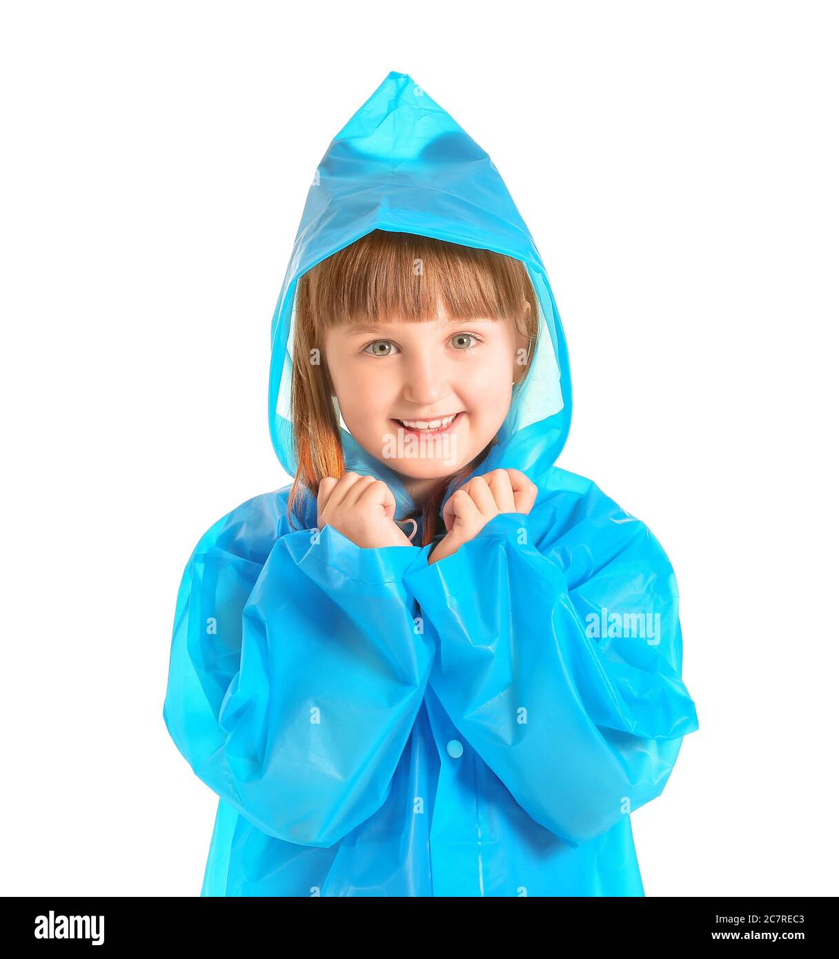 Cute little girl in raincoat on white background Stock Photo Alamy