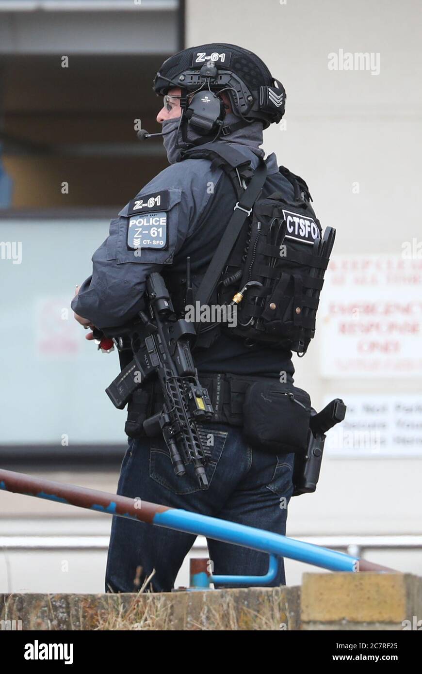 A Counter Terrorist Specialist Firearms Officer at the Royal Sussex County Hospital in Brighton, a man has been arrested on suspicion of attempted murder after a member of hospital staff was stabbed, according to police. Stock Photo