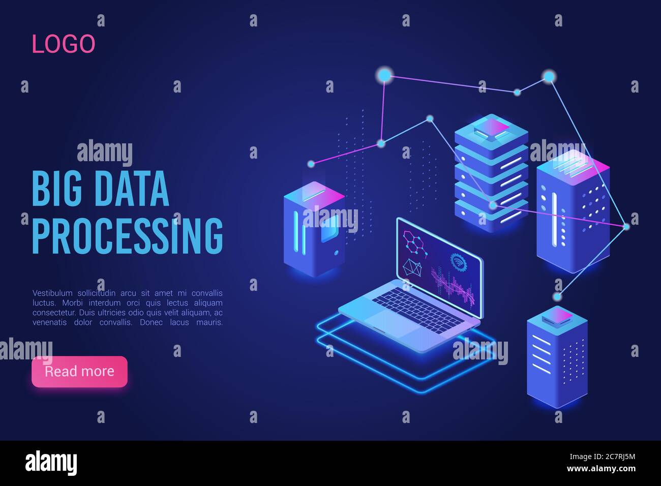 Big data processing and analysing landing page vector template. Analytics data servers, Server room banner, web hosting concept, ultraviolet isometric vector illustration Stock Vector