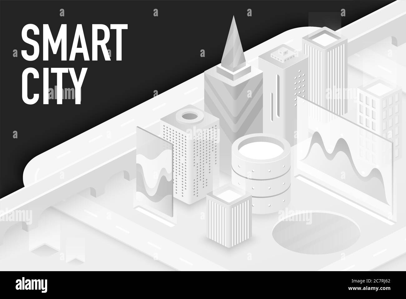 Smart city isometric banner vector template. Modern architecture, futuristic technology poster concept. Urban infrastructure innovation. Sustainable metropolis 3D map illustration with typography Stock Vector
