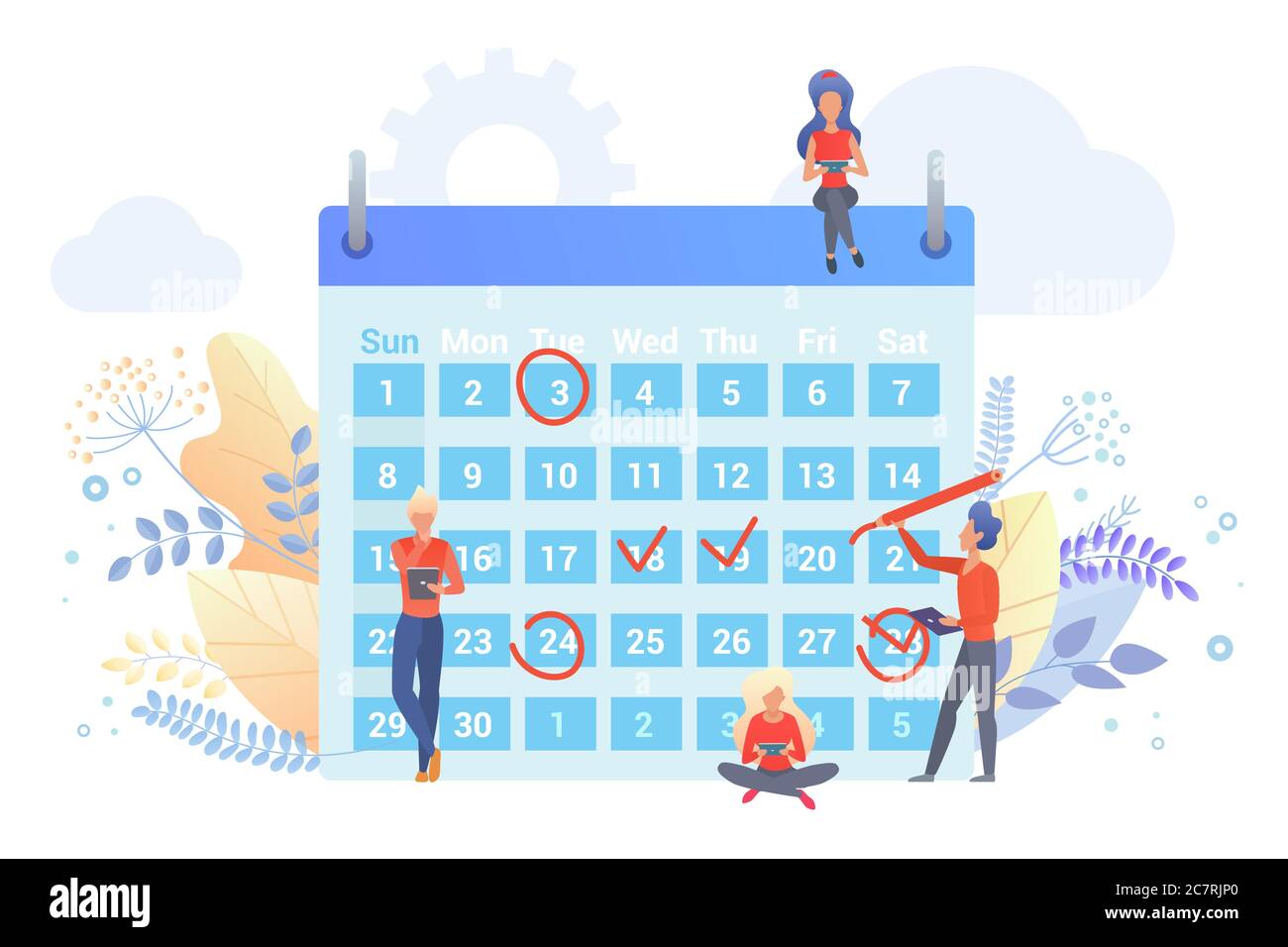 Workers planning time with calendar flat vector illustration. People marking dates with red circle, check signs cartoon characters. Time management metaphor. Scheduling agenda, company events. Stock Vector