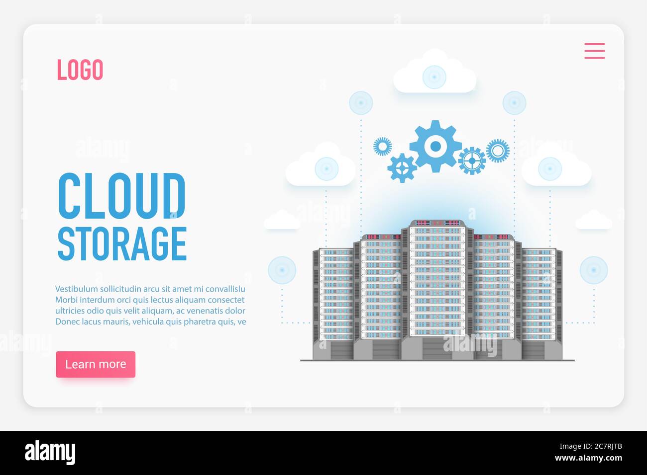Cloud storage vector landing page template. Cloud management, computing, database and information storage website homepage concept. Computer server. Big data technology web banner layout Stock Vector