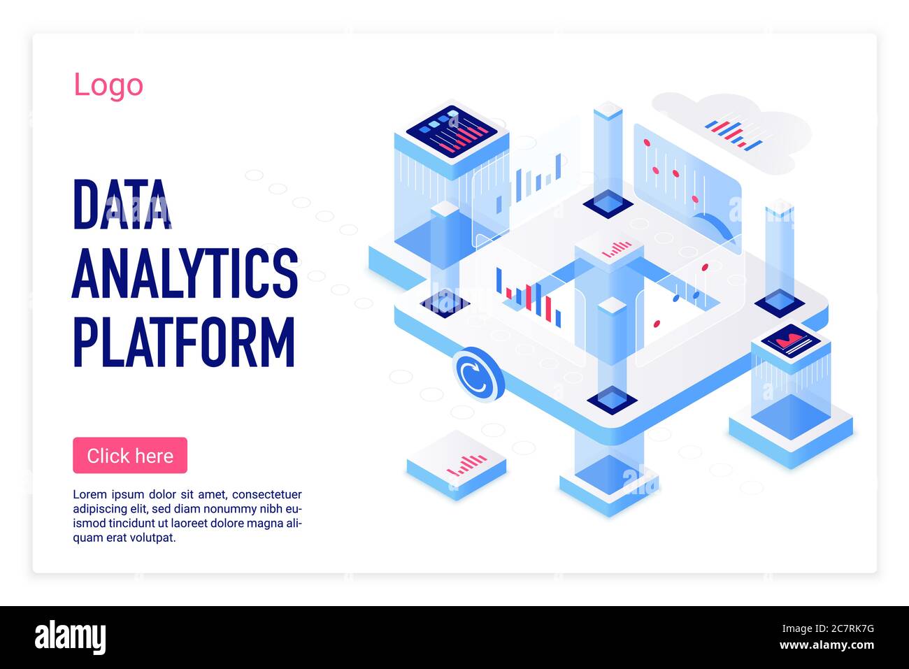 Data analytics platform vector isometric landing page template. Statistics visualization, business analysis website homepage 3D concept. Virtual data analyzing system web banner layout Stock Vector