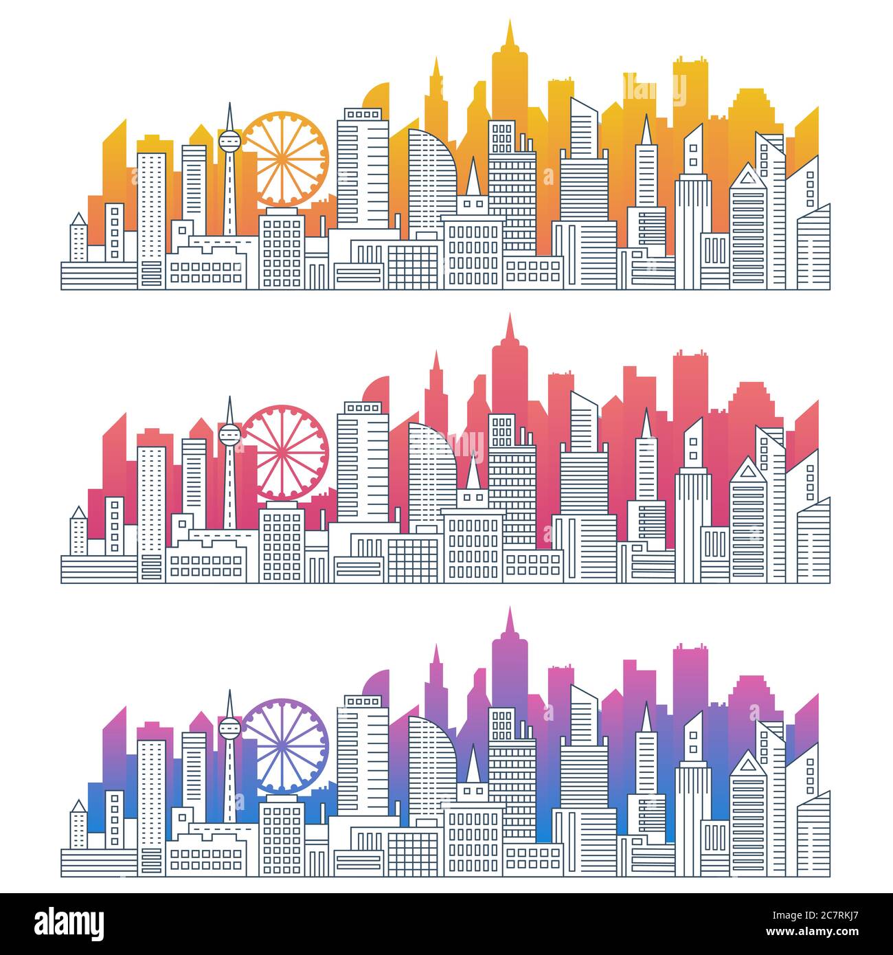 Modern cityscape outline vector illustrations set. City center, downtown apartment buildings and skyscrapers linear isolated cliparts pack. City skyline color gradient silhouettes collection Stock Vector