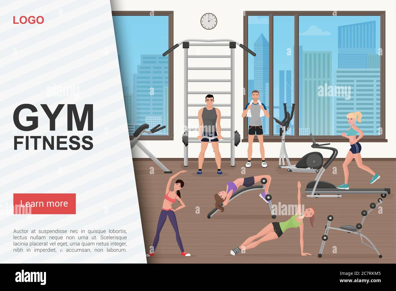 Gym workout landing page vector template. Fitness club, sport center website homepage interface idea with flat vector illustrations. Professional training, bodybuilding web banner cartoon concept Stock Vector