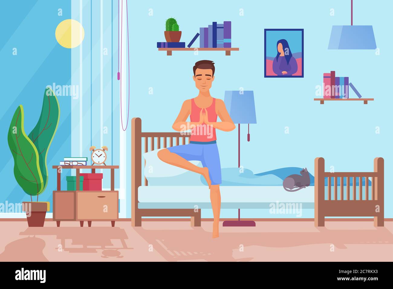 Morning exercises flat vector illustration. Healthy lifestyle, man doing sport, training, workout at home. Smiling male cartoon character activity, cat sleeping on bed. Guys room interior design Stock Vector