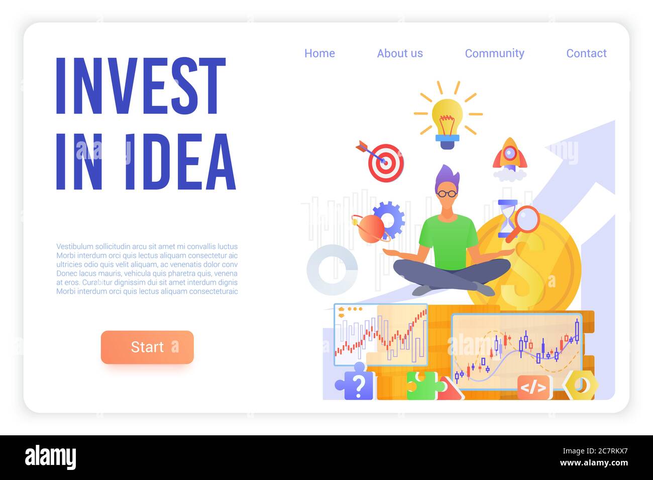 Invest in idea landing page vector template. Business school website homepage interface layout with flat vector illustrations. Stock market trading, project management web banner cartoon concept Stock Vector