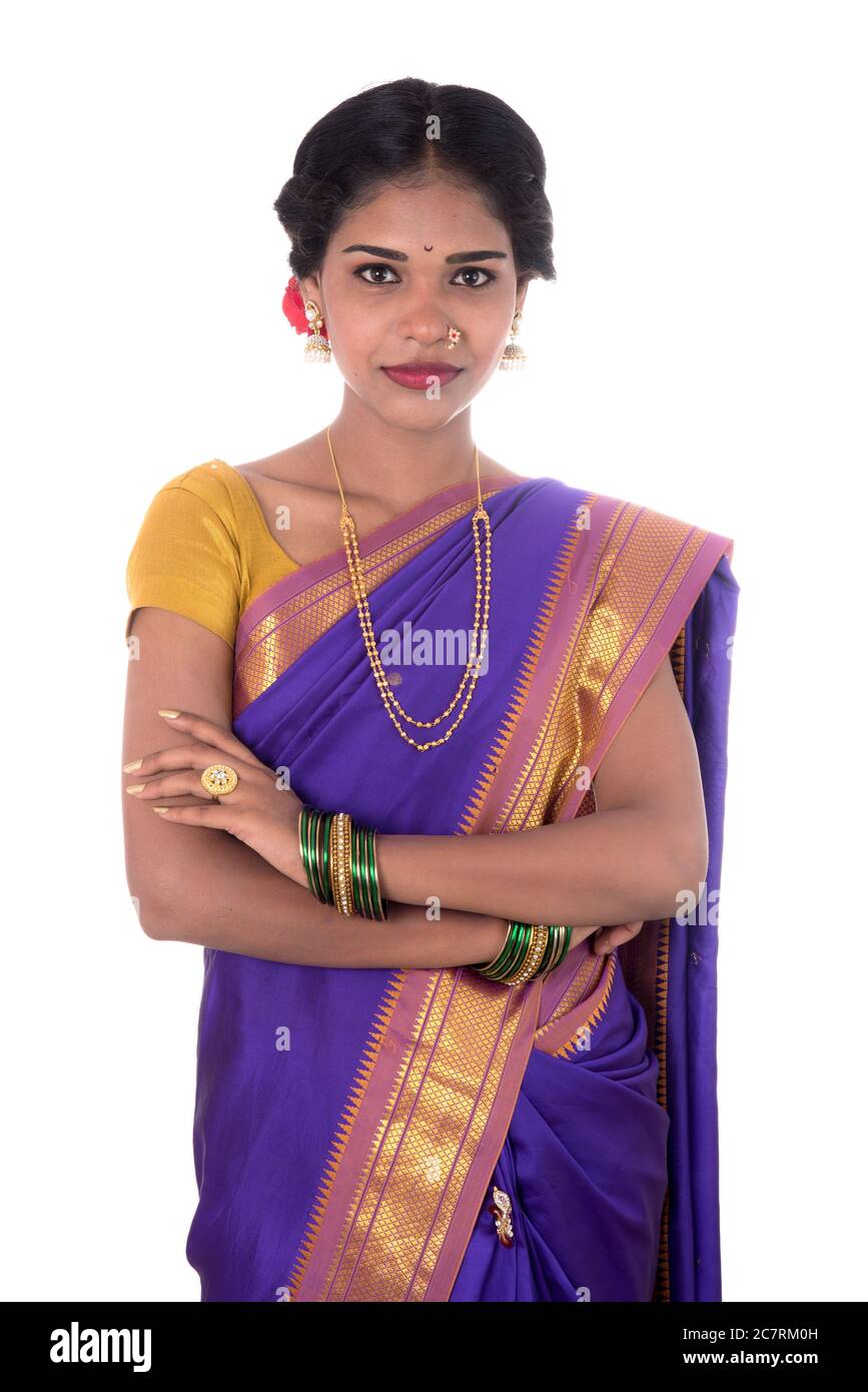 Beautiful Indian young girl posing in traditional Indian saree on white ...