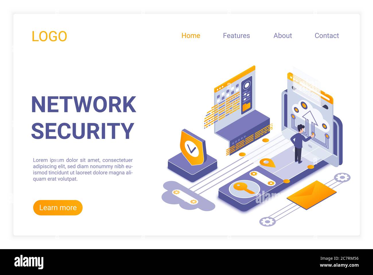 Network security landing page isometric vector template. Data encryption, personal information protection service web banner 3d concept. Computer anti virus system website homepage layout Stock Vector
