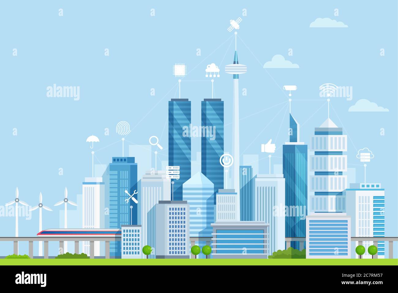 Smart city flat vector illustration. Modern urban area with digital buildings network. Cartoon skyscrapers, towers sending telecommunication, wifi signals. Futuristic IOT city using wind power energy. Stock Vector