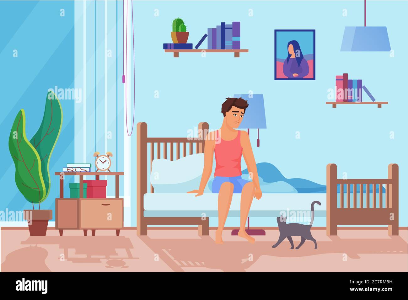 Exhausted man in morning flat vector illustration. Tired man waking up, sitting on bed. Sad, depressed male cartoon character. Unhappy guy, black cat in room. Bedroom interior design Stock Vector