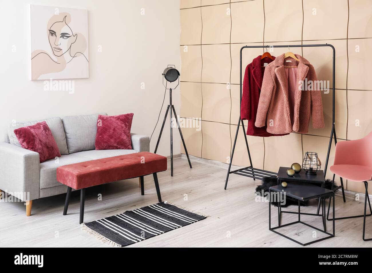 Stylish hanger with female clothes and sofa in interior of room Stock Photo  - Alamy