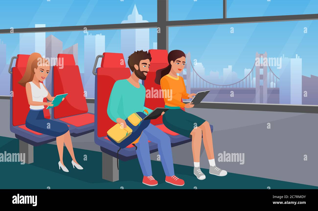 People reading in bus flat vector illustration. Megapolis inhabitants commuting to work in public transport. Cartoon man, women using e-reader, enjoying reading books, news, searching net. Stock Vector