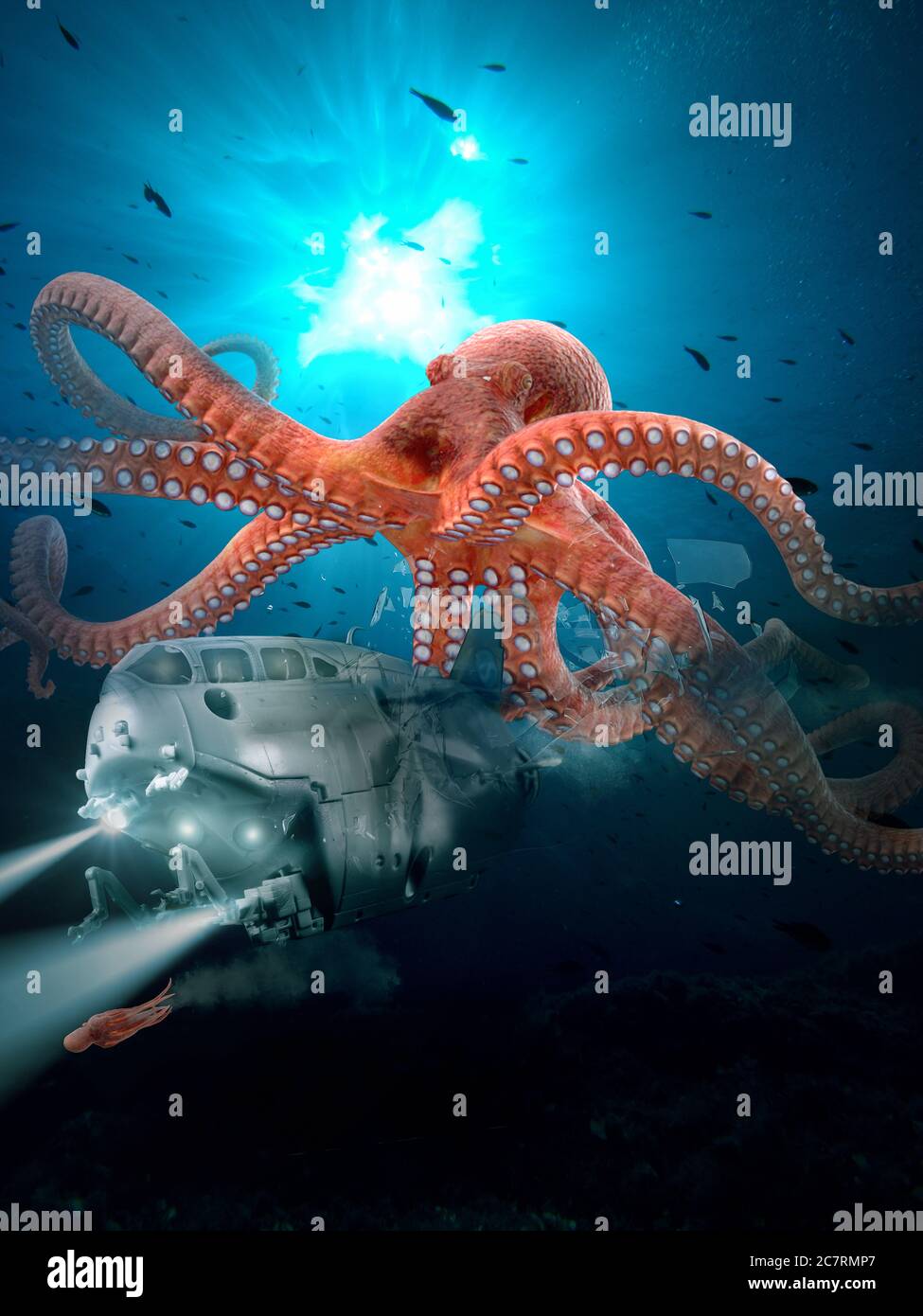 submarine escapes in the deep sea from an aggressive giant octopus Stock Photo