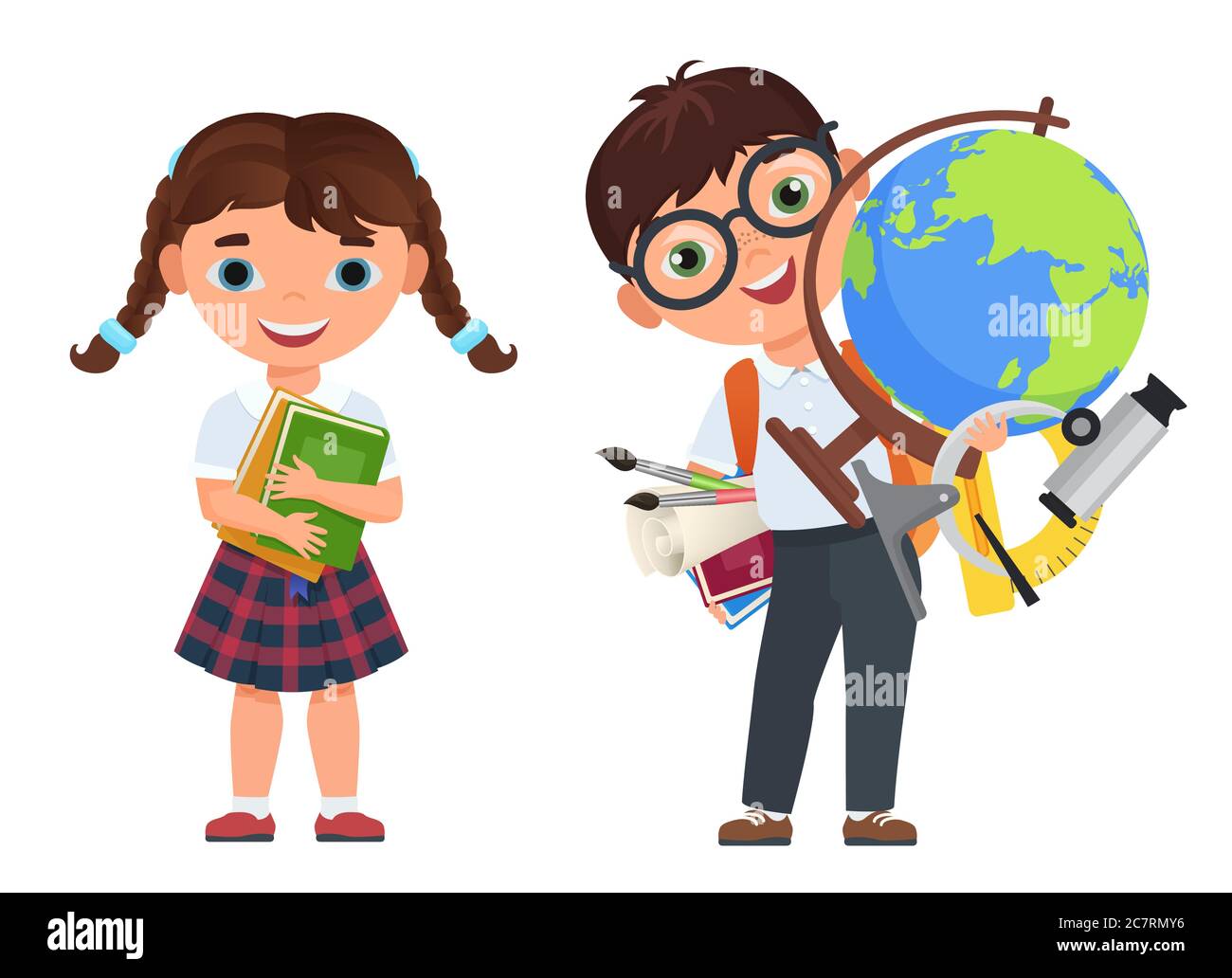 Cute kids couple with school supplies. School boy and girls childs with books and other school supplies. Back to school poster vector vector illustration Stock Vector