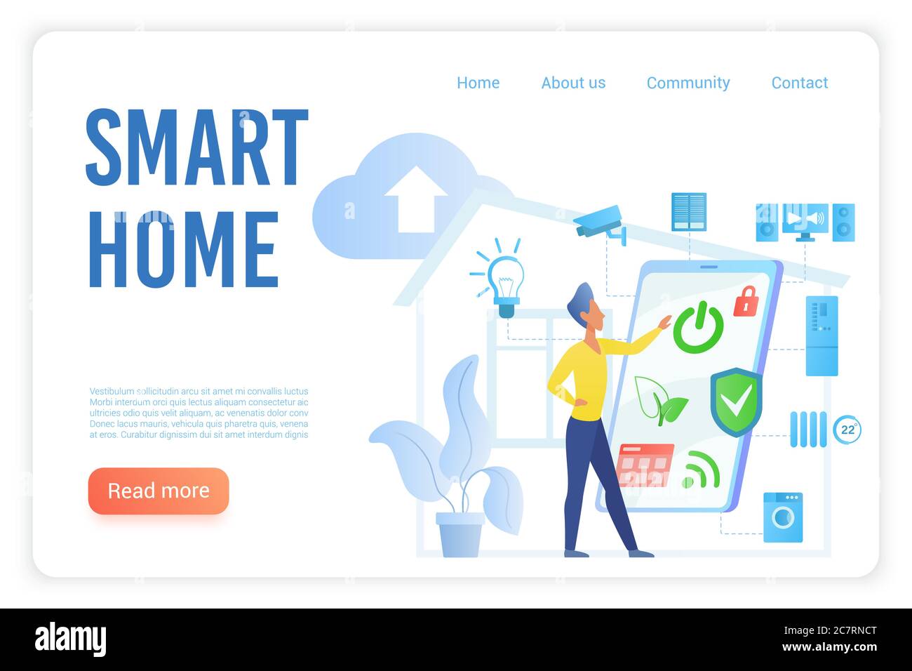 Smart home flat vector landing page template. House devices and household appliances remote control system website homepage concept. Futuristic wireless high technologies web banner layout Stock Vector