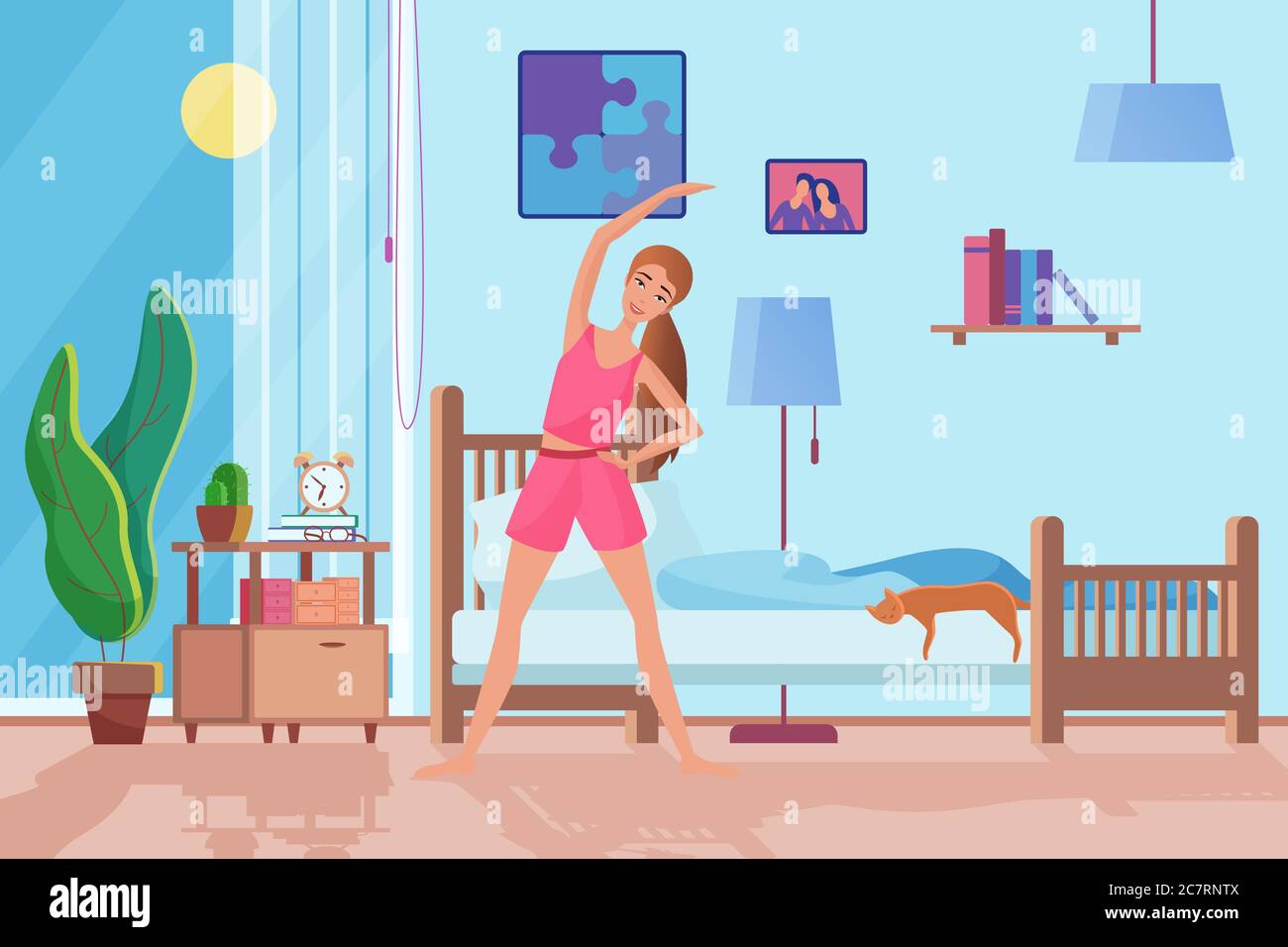 Morning exercises flat vector illustration. Healthy lifestyle, woman doing sport, training, workout at home. Smiling female cartoon character activity, cat sleeping on bed. Lady room interior design Stock Vector