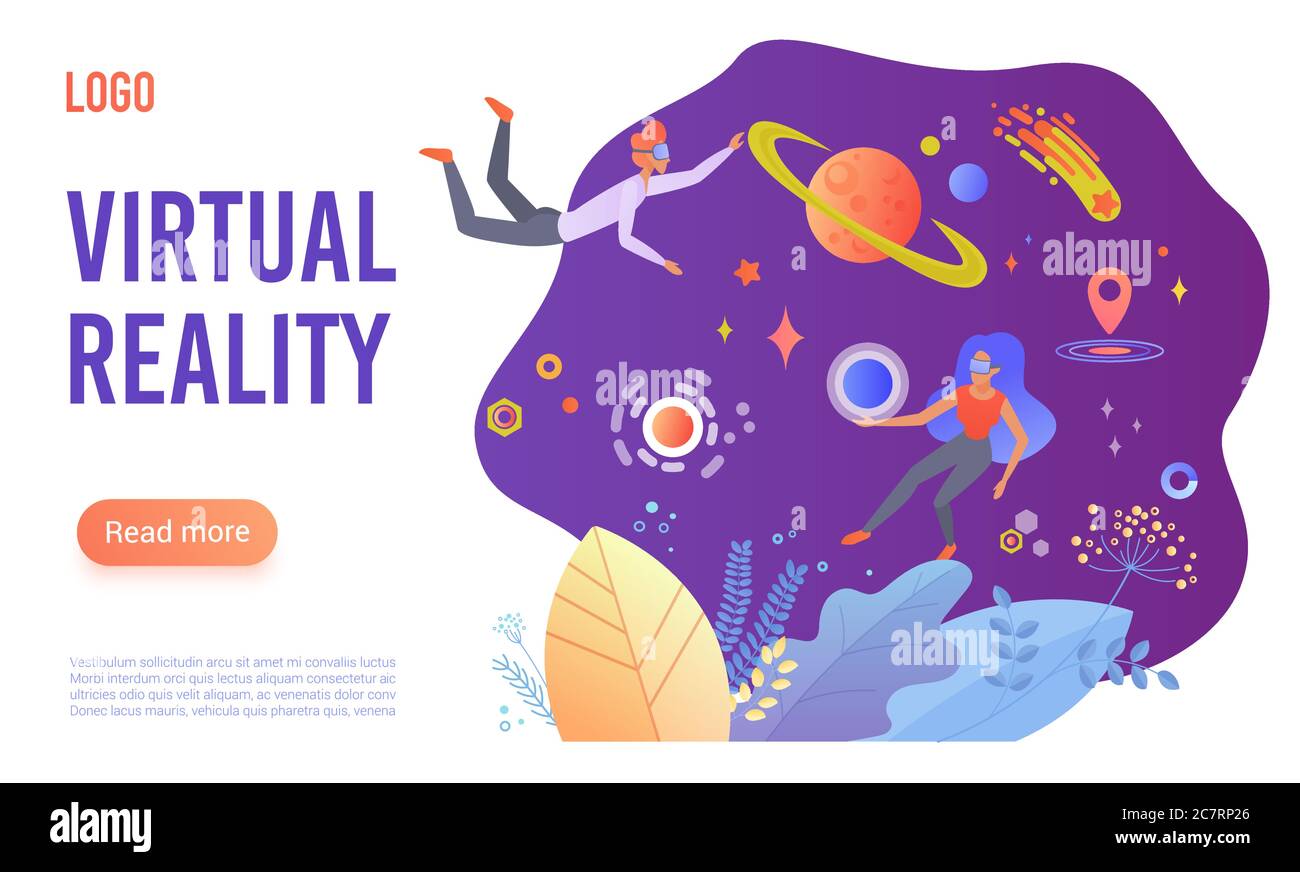 Virtual reality flat vector landing page template. Cartoon people in VR glasses enjoying open space travel. Students studying planets with virtual simulator program. Modern hi-tech gaming experience Stock Vector