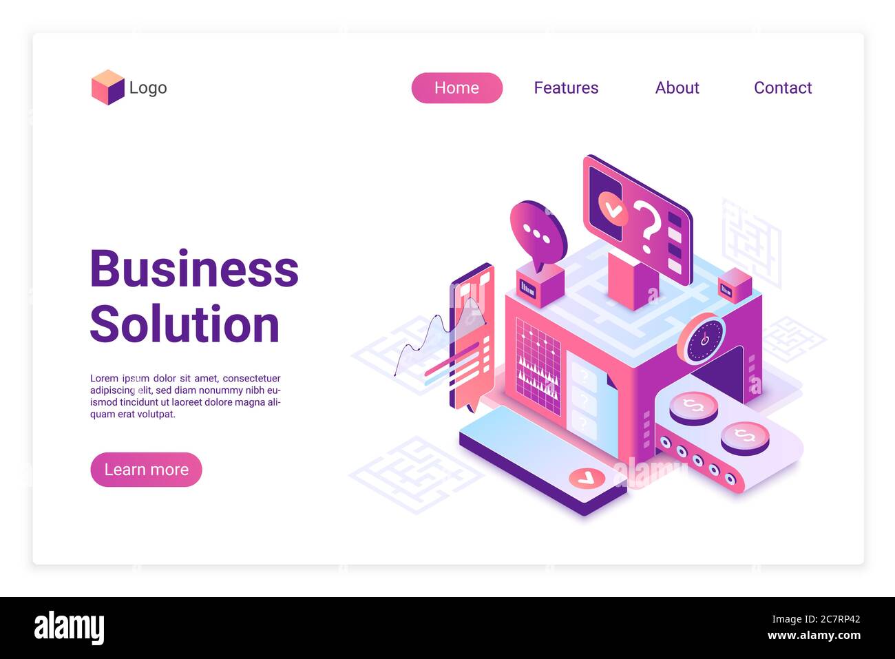 Business solution isometric vector landing page template. Data statistics analysis website homepage 3d layout. Financial audit, banking. Company profit growth strategy planning web banner design Stock Vector
