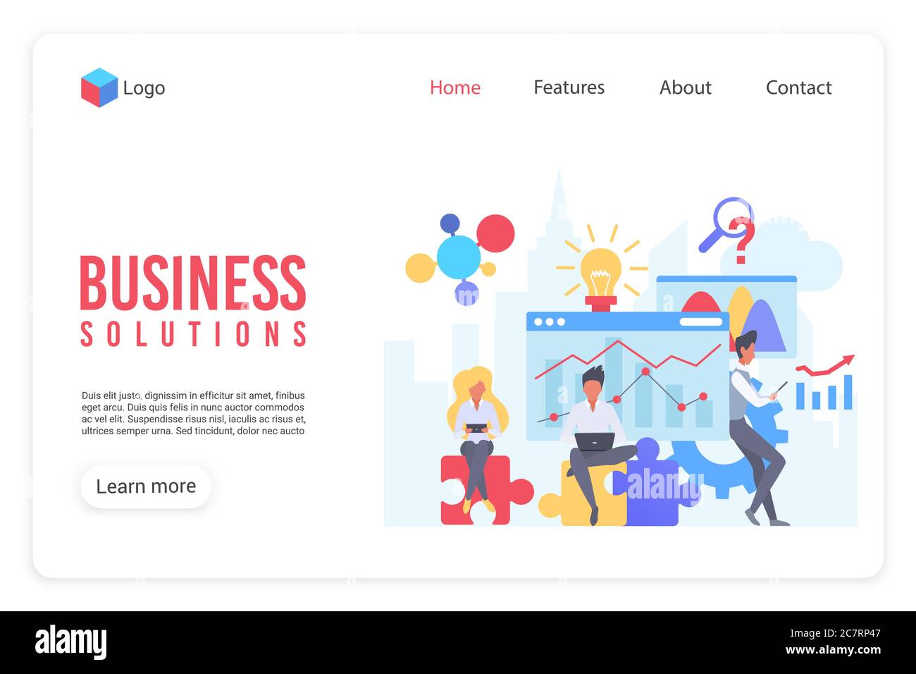 Business analytics flat vector landing page template. Data statistics analysis website homepage layout. Analysts characters teamwork, brainstorming. SEO marketing strategy planning web banner design Stock Vector