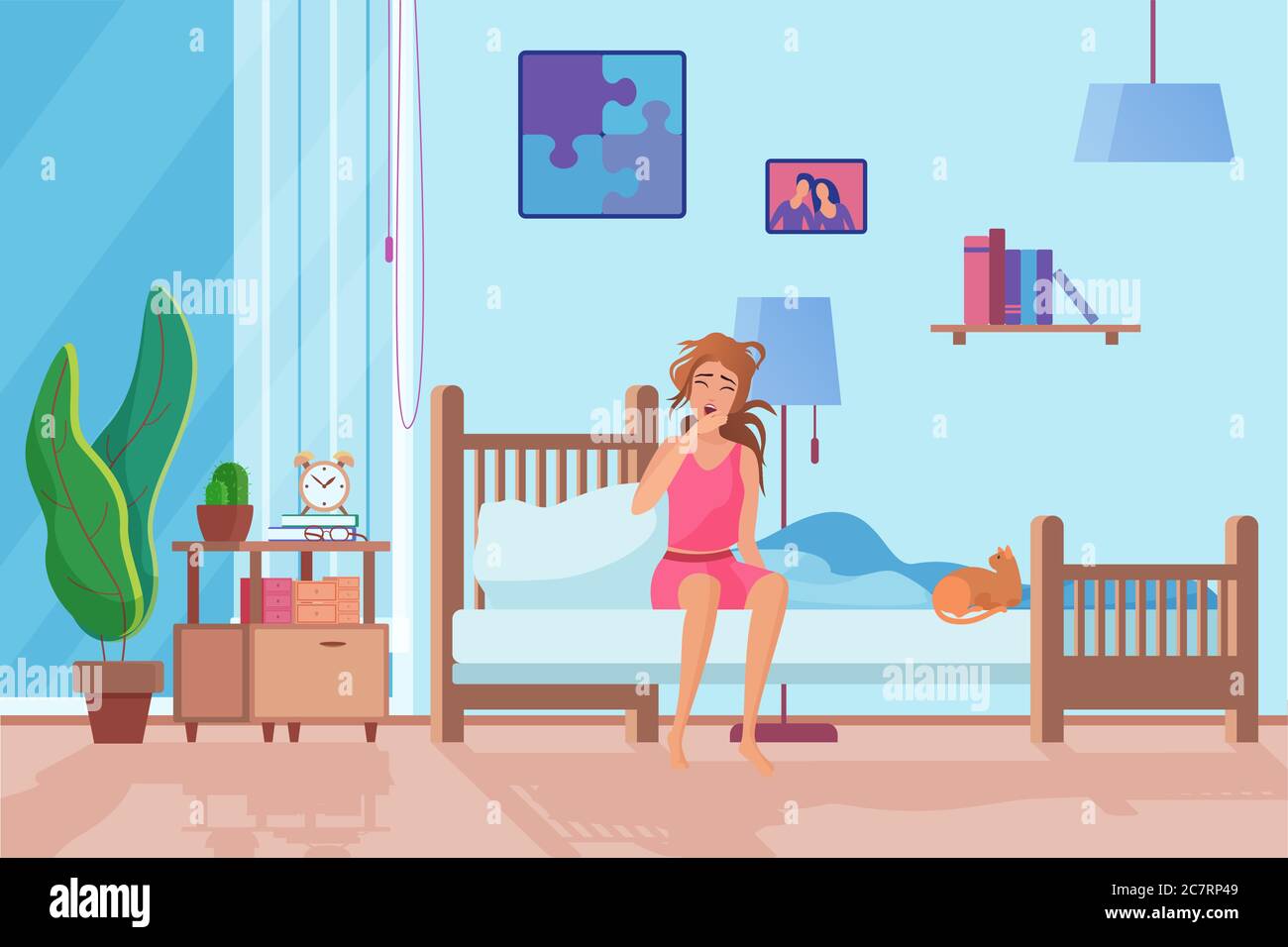 Exhausted woman in morning flat vector illustration. Tired gilr waking up, sitting on bed. Sad, depressed female cartoon character. Unhappy woman, red cat in room. Lady bedroom interior design Stock Vector