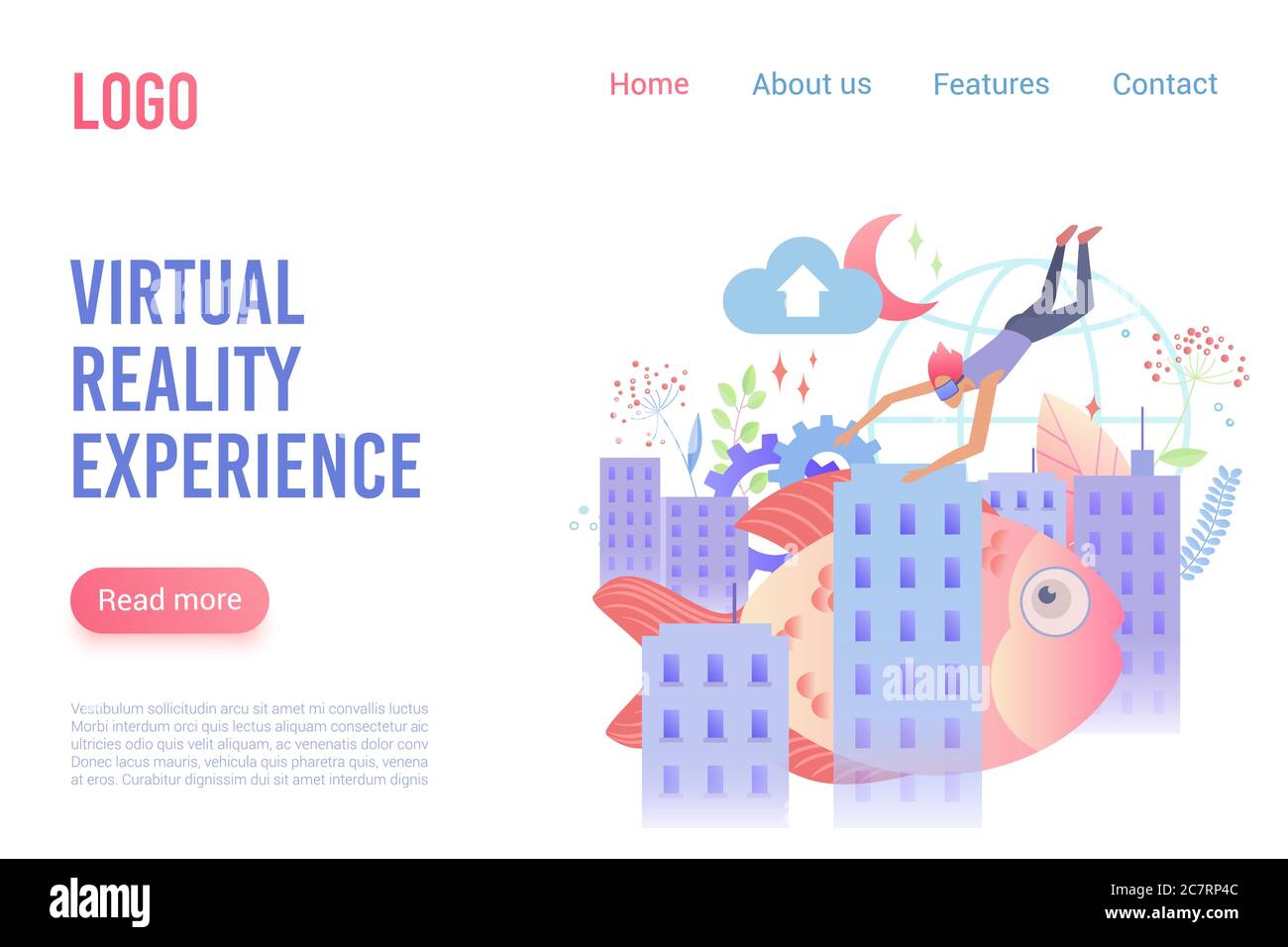 Virtual reality experience flat vector landing page template. Diver in VR glasses enjoying fantasy world cartoon character. Augmented reality entertainment options promo website page design layout. Stock Vector