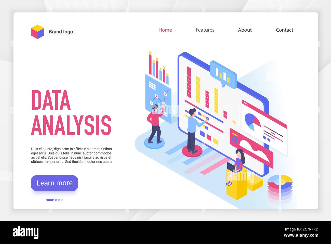 Data analysis landing page vector template. Analytical company website homepage interface layout with isometric illustration. Professional business research service web banner, webpage 3D concept Stock Vector