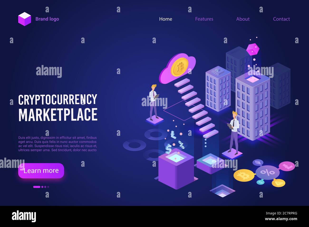 Cryptocurrency marketplace landing page vector template. Digital money exchange platform website homepage UI layout with isometric illustration. Blockchain technology web banner 3D concept Stock Vector