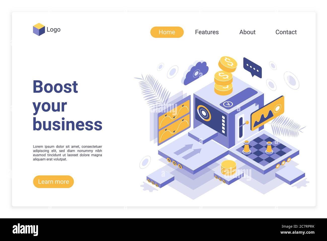 Boost your business landing page vector template. Start up funding platform website homepage interface layout with isometric illustration. Investment attraction web banner, webpage 3D concept Stock Vector