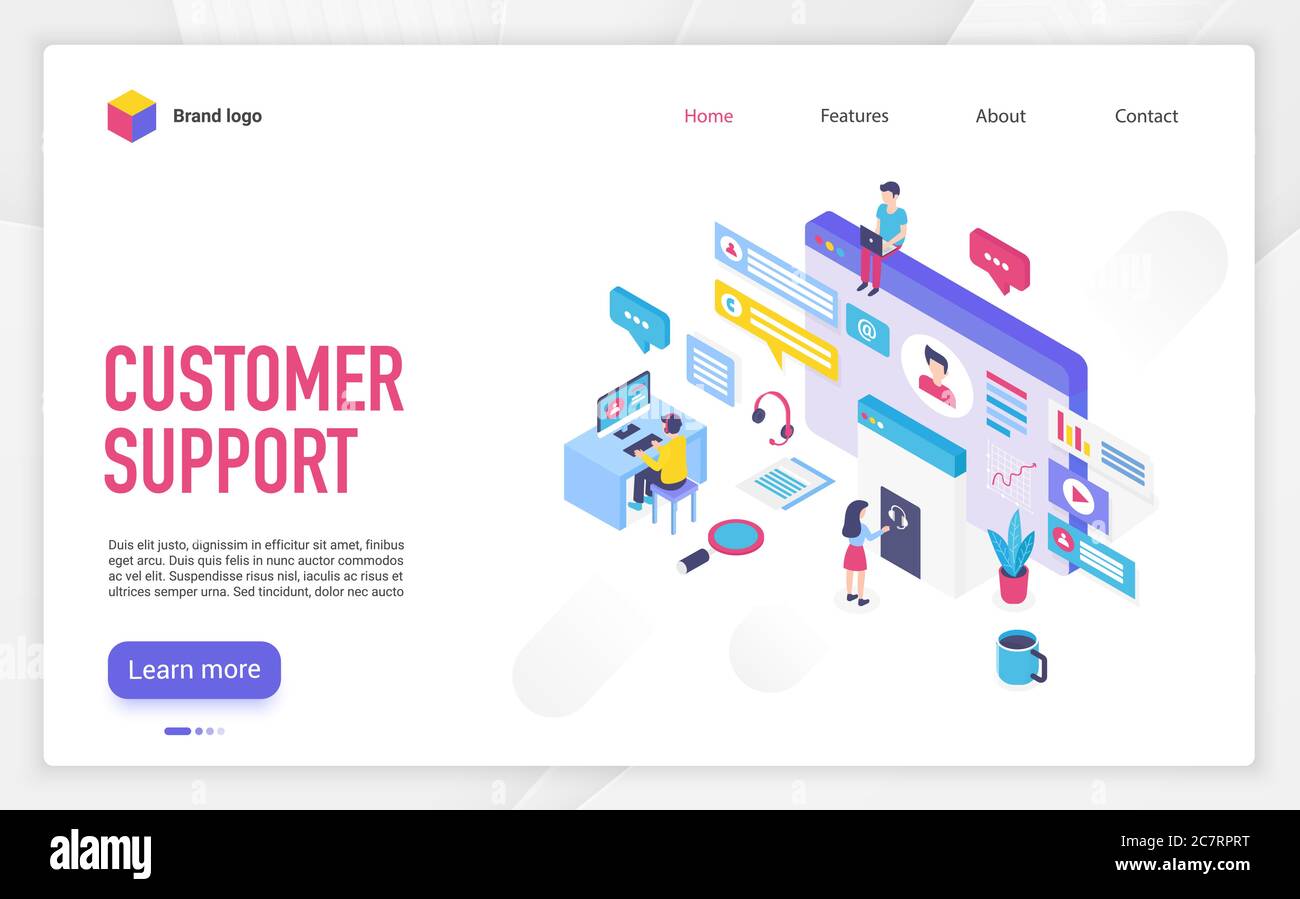 Customer support landing page vector template. Call center, helpline, hotline website homepage interface layout with isometric illustration. Telemarketing business web banner, webpage 3D concept Stock Vector