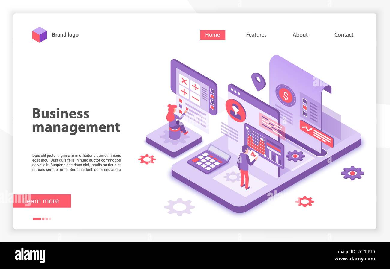 Business management landing page vector template. Corporate development website homepage interface layout with isometric illustration. Leadership training courses web banner, webpage 3D concept Stock Vector