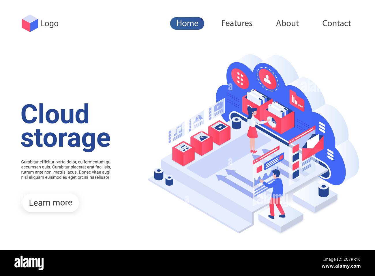 Cloud storage landing page vector template. Wireless technology website homepage interface layout with isometric illustration. Remote data access, file management system web banner 3D concept Stock Vector