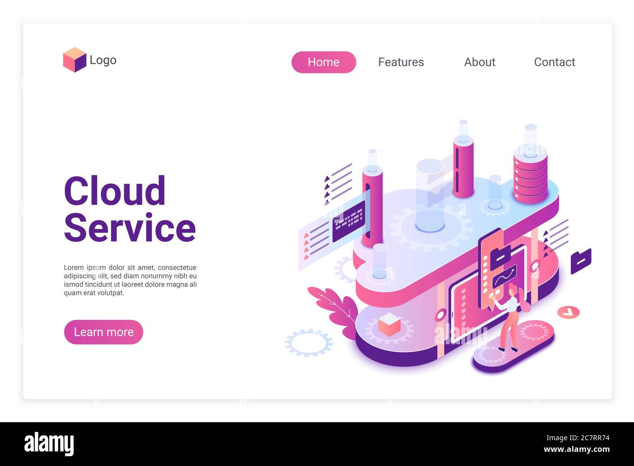 Cloud service, database landing page isometric vector template. Big data server website design layout. Datacenter web page 3d concept. Digital data storage and web analytics webpage interface Stock Vector