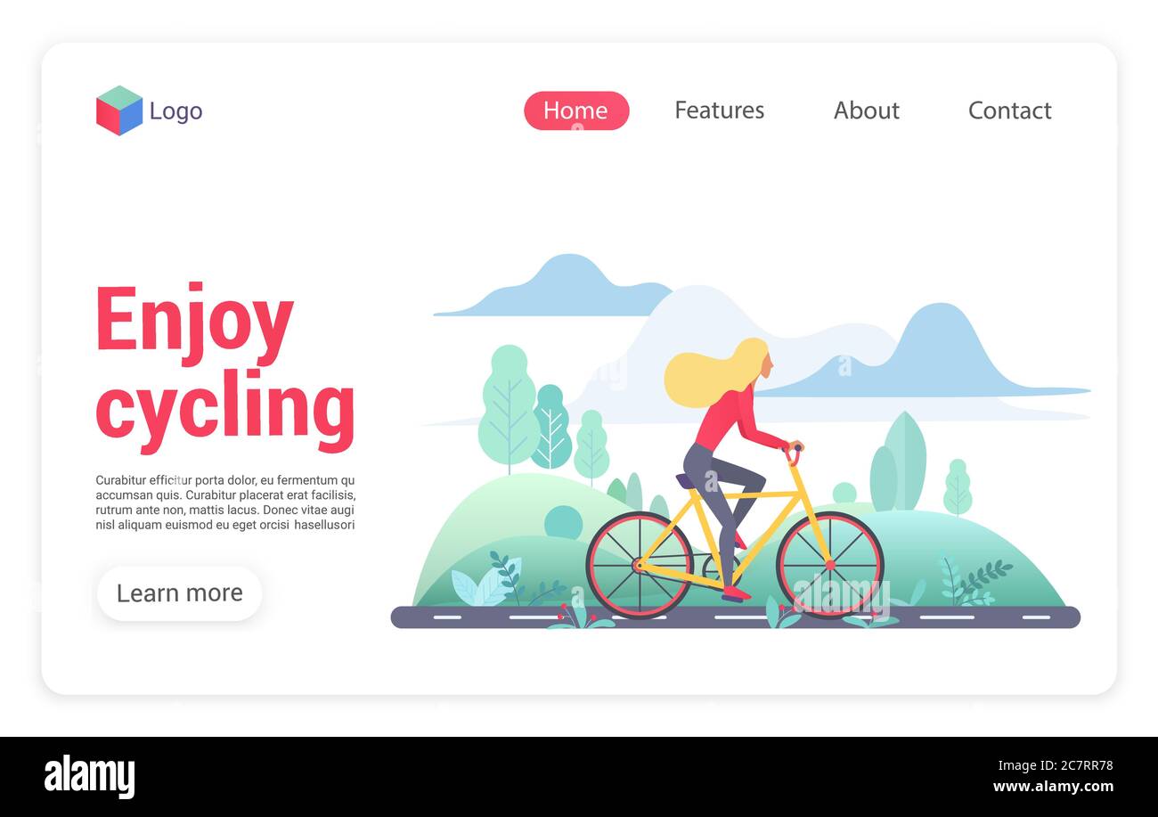 Enjoying cycling vector landing page template. Mountain biking website ...