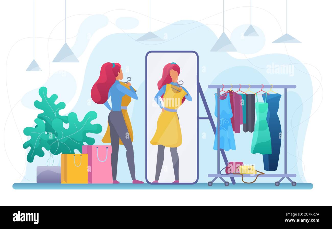 Girl trying on dress flat vector illustration. Fashion boutique, garments store customer cartoon character. Young woman choosing new apparel, shopaholic looking in mirror. Wardrobe update, consumerism Stock Vector