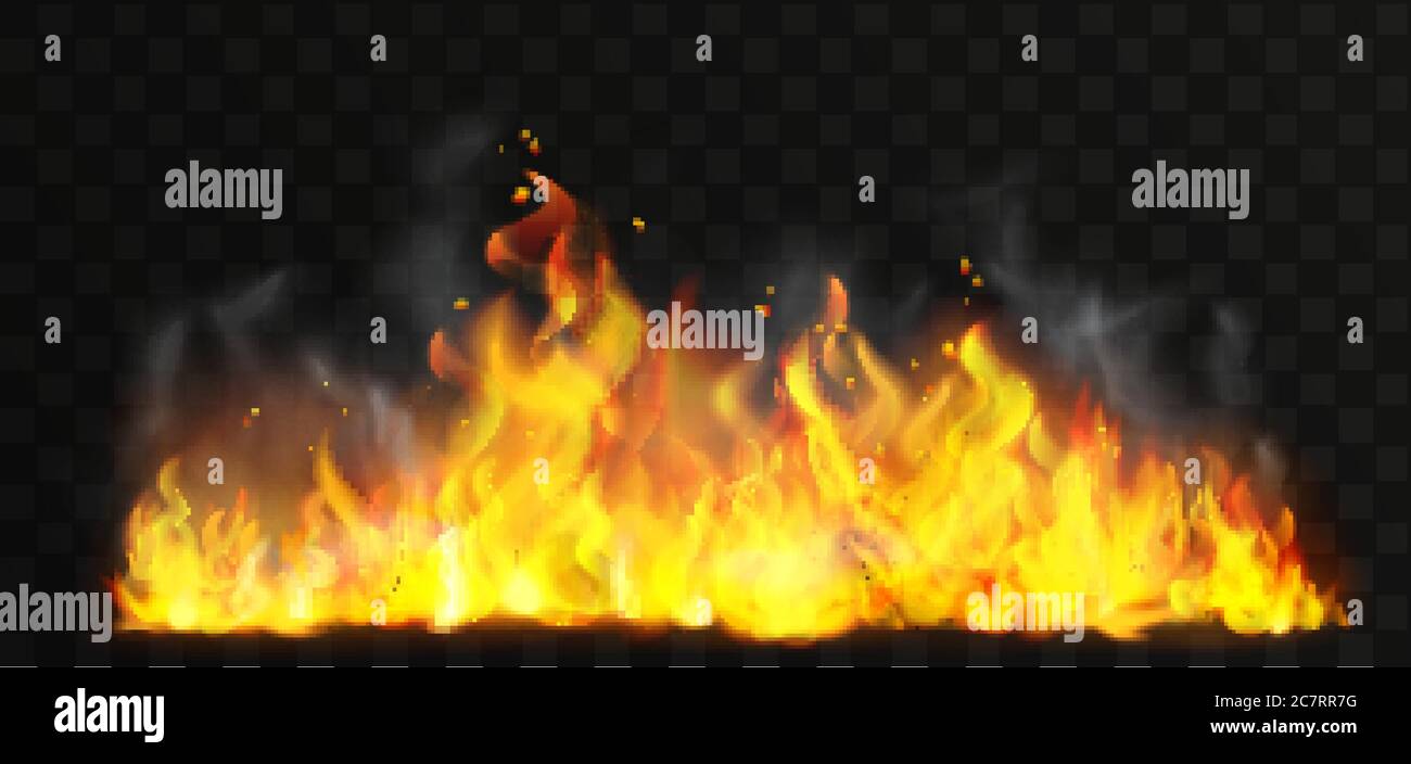 Raging fire realistic vector illustration. Dangerous phenomenon, firestorm isolated on transparent background. Natural disaster, hell decorative design element. Hot blaze, wildfire with smoke Stock Vector