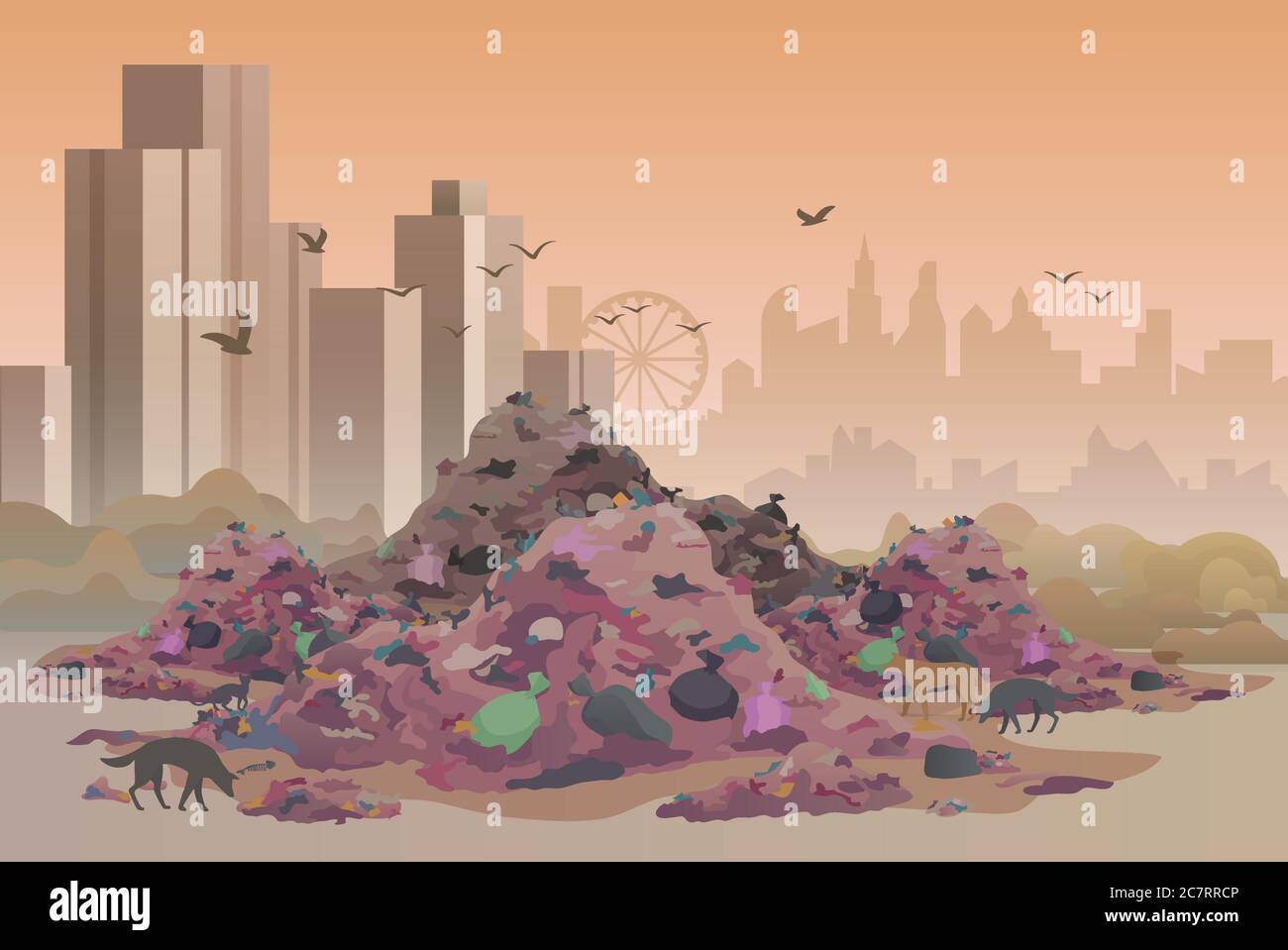 City landfill flat vector illustration. Polluted area, garbage dump background. Heaps of waste, stray dogs and cityscape cartoon backdrop. Junkyard, wasteland. Environment pollution problem concept Stock Vector