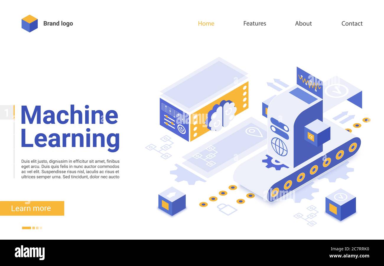 Machine learning flat landing page vector template. Artificial intelligence futuristic technologies website design layout. AI algorithm webpage 3d concept. Database server web page interface Stock Vector