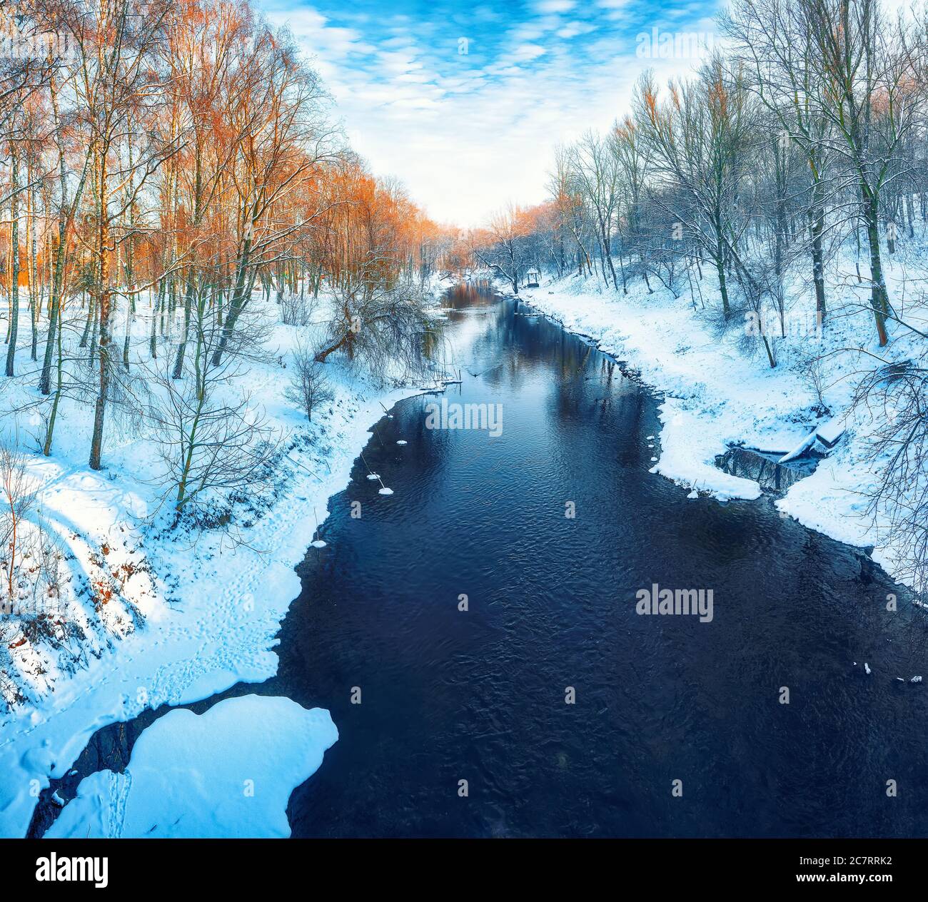 Scenic view of the river and trees covered by snow Stock Photo - Alamy