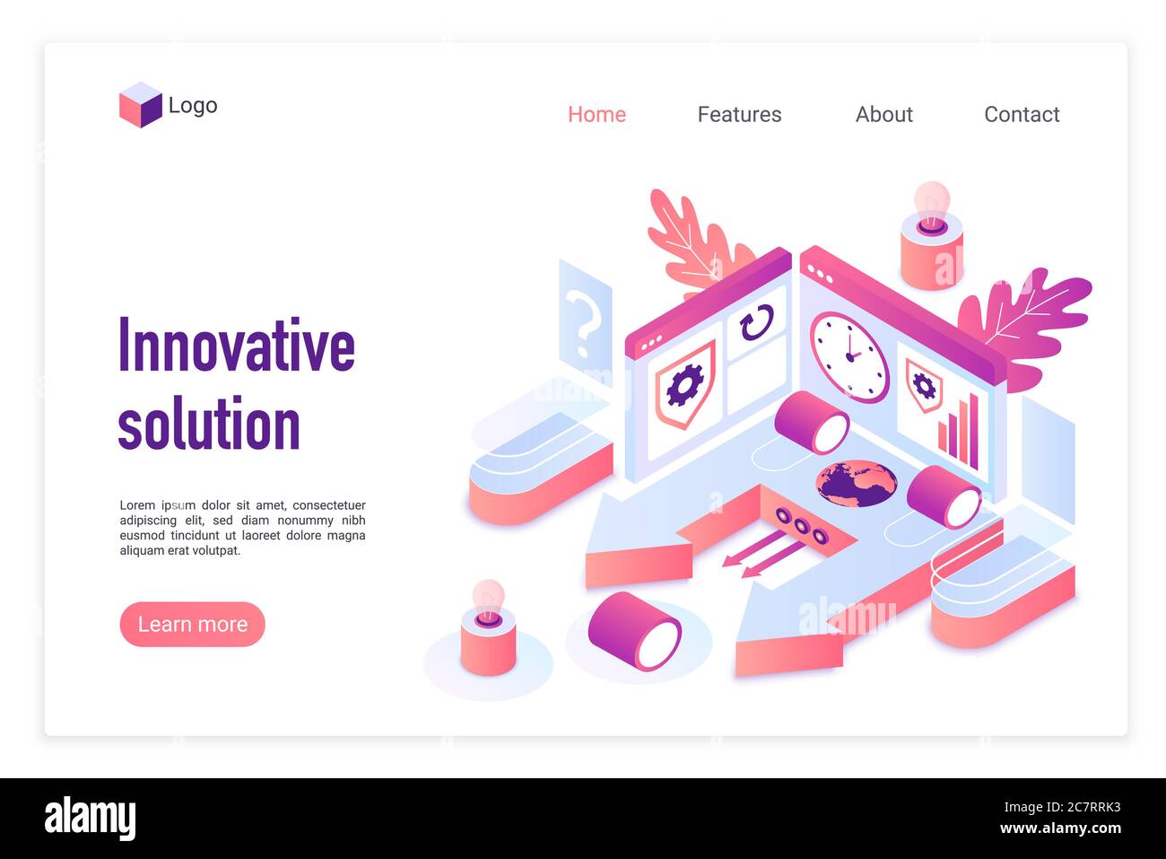 Innovative solution landing page vector template. Business development website homepage interface layout with isometric illustration. Creative planning and management web banner, webpage 3D concept Stock Vector