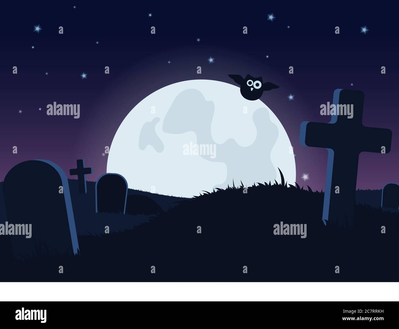 Halloween spooky flat vector background. Scary graveyard at night cartoon  illustration. Horror moon, owl and gravestones creepy backdrop. Helloween  gothic composition with cemetery wallpaper Stock Vector Image & Art - Alamy