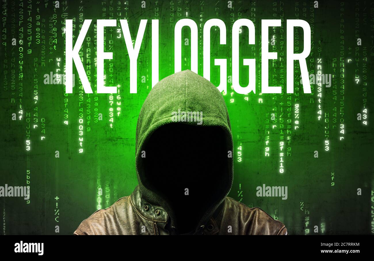 Faceless hacker with KEYLOGGER inscription, hacking concept Stock Photo