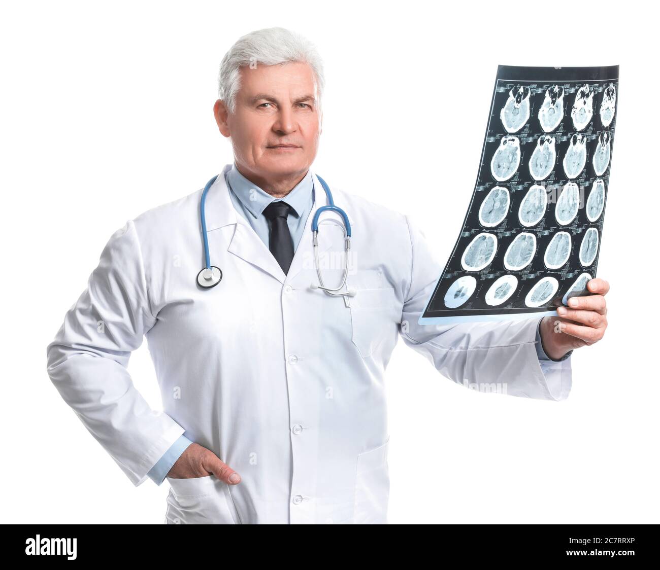 Senior neurologist with MRI scan of human head on white background Stock Photo