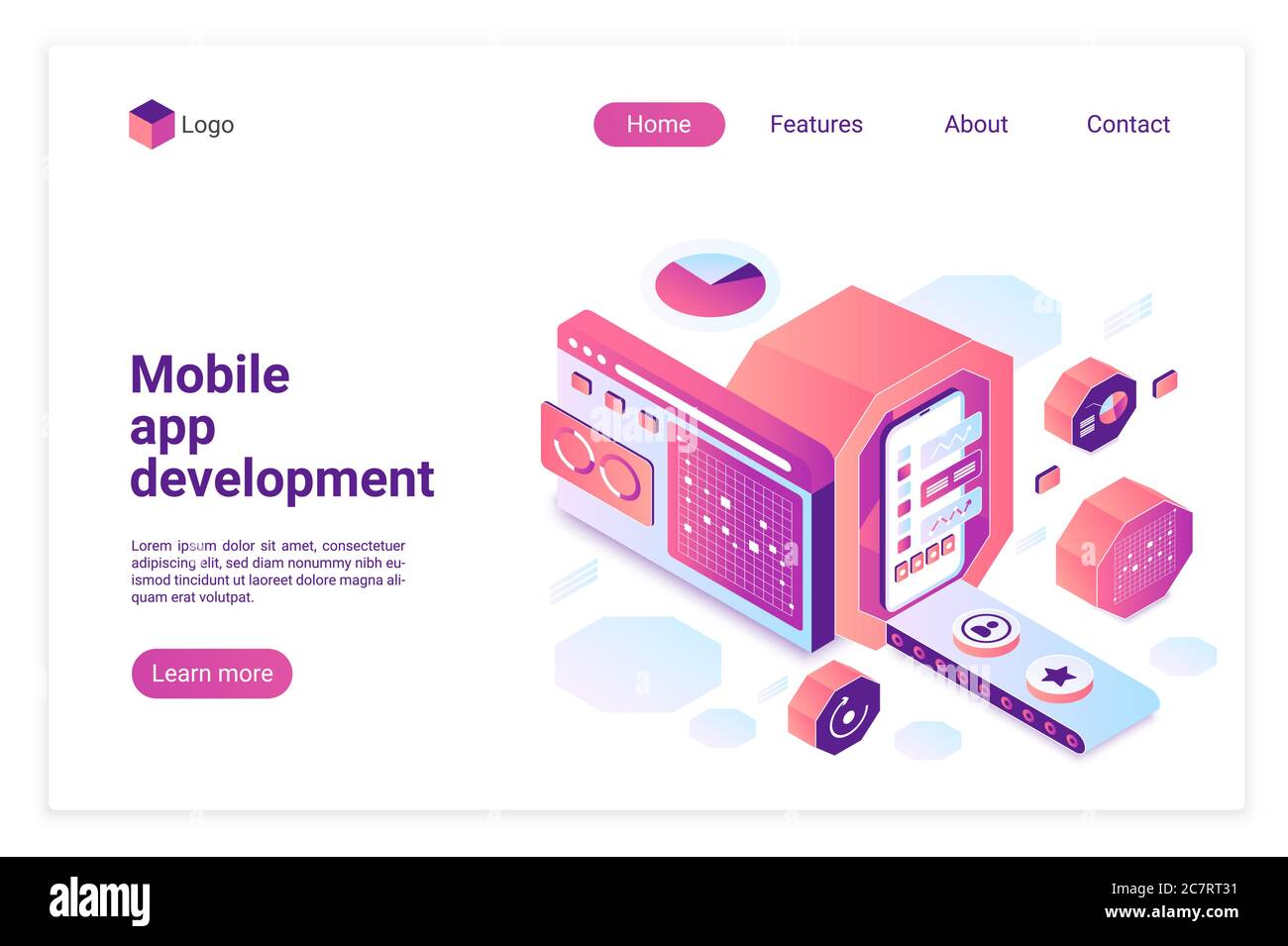 Mobile app development isometric vector landing page template. Software programming website design layout. Mobile applications engineering web page 3d concept. Devops webpage interface Stock Vector
