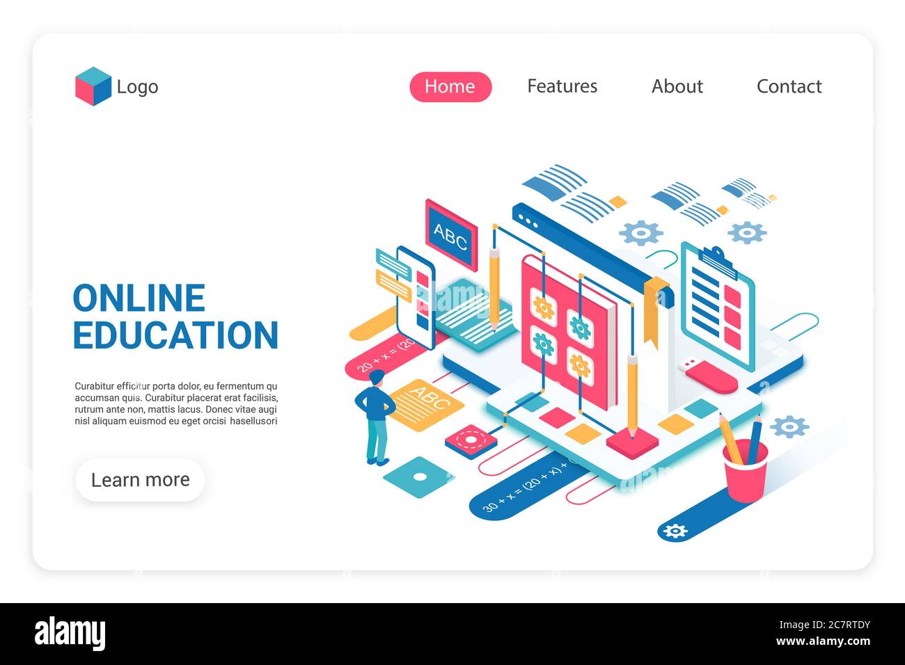 Online education landing page vector template. Internet school, college website homepage UI layout with isometric illustration. Remote graduation, training classes web banner, webpage 3D concept Stock Vector