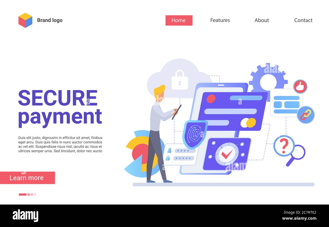 Secure payment flat landing page vector template. Safe financial transactions website layout. Electronic billing system web page cartoon concept. Protected money transfer service webpage interface Stock Vector