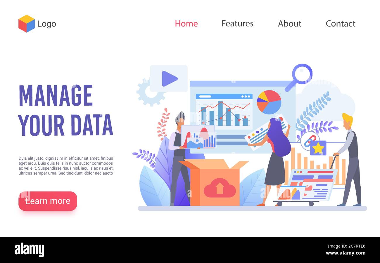 Data management flat vector landing page template. Business analysis website homepage layout. Workflow organization and optimization concept. Digital information storage web banner design Stock Vector