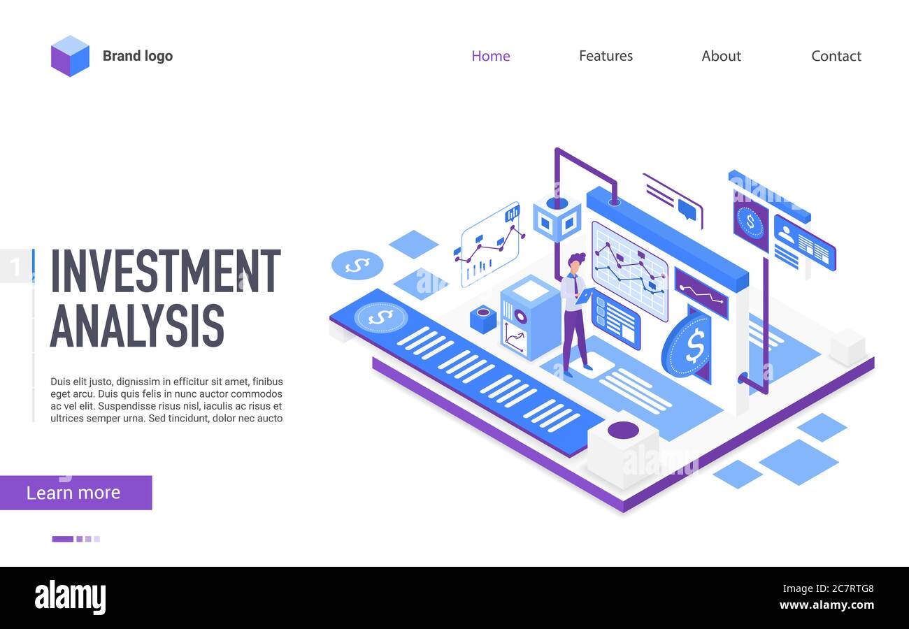 Investment analysis landing page vector template. Business analytics, stock market trading website homepage UI layout with isometric illustration. Financial advisor service web banner 3D concept Stock Vector
