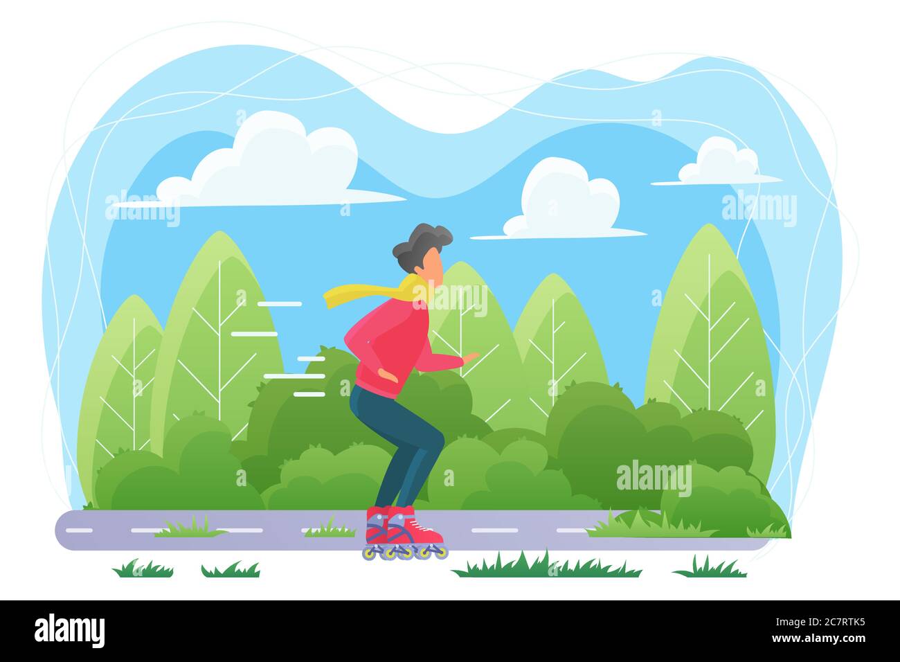 Guy on roller skates flat vector illustration. Young man in scarf, sportsman cartoon character. Male skater training outdoors, fast ride. Active lifestyle, sport activity, outdoor recreation Stock Vector